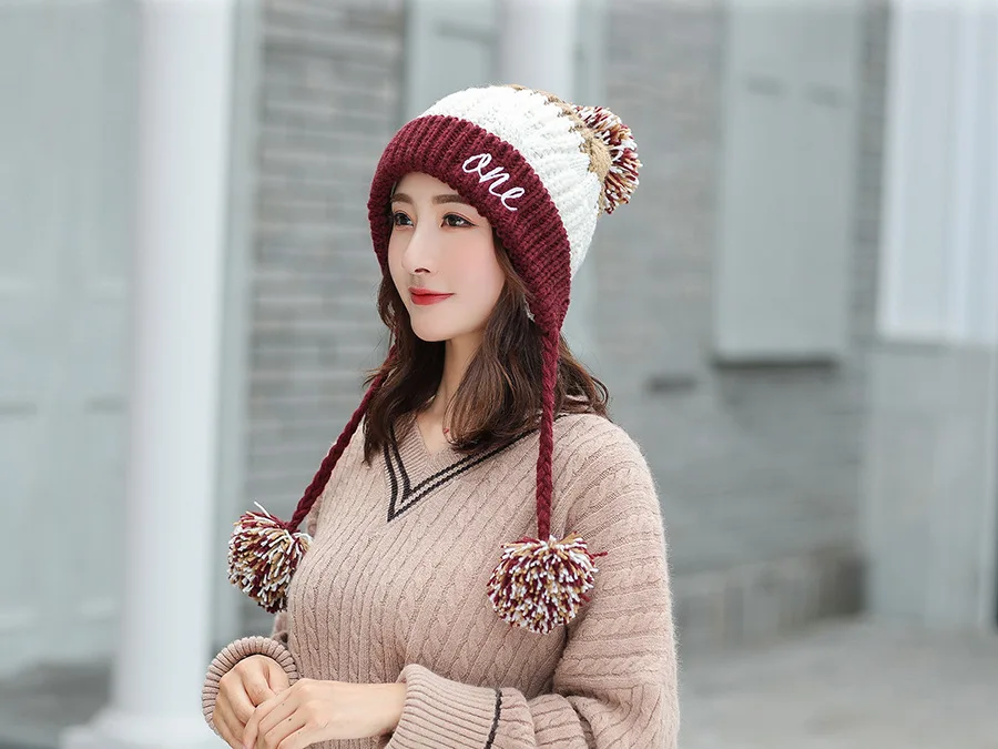 Женские зимние шерстяные шапочки Skullies SUOGRY Femme, теплые шапки с ушками, женские шапочки с помпоном, шапки для бант для девочки, Осенние милые модные