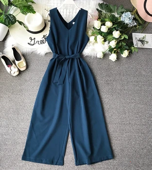 

2019 Spring and Summer Leisure Wide-legged Sleeveless Jumpsuit Women High-waisted V Collar Sexy Overalls F046