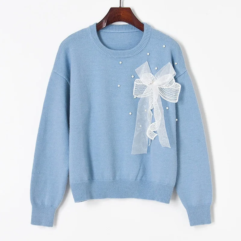 2021 Autum Winter New Sweet Lace Bead Bow Round Neck Knitted Sweater Girls OL Slim Pullover Women's dropshipping | Женская одежда