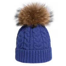 Плотные шерстяные зимние шапки для женщин из натурального меха Pom простые однотонные вязаные шапочки Женские уличные теплые ветрозащитная шапка с помпоном