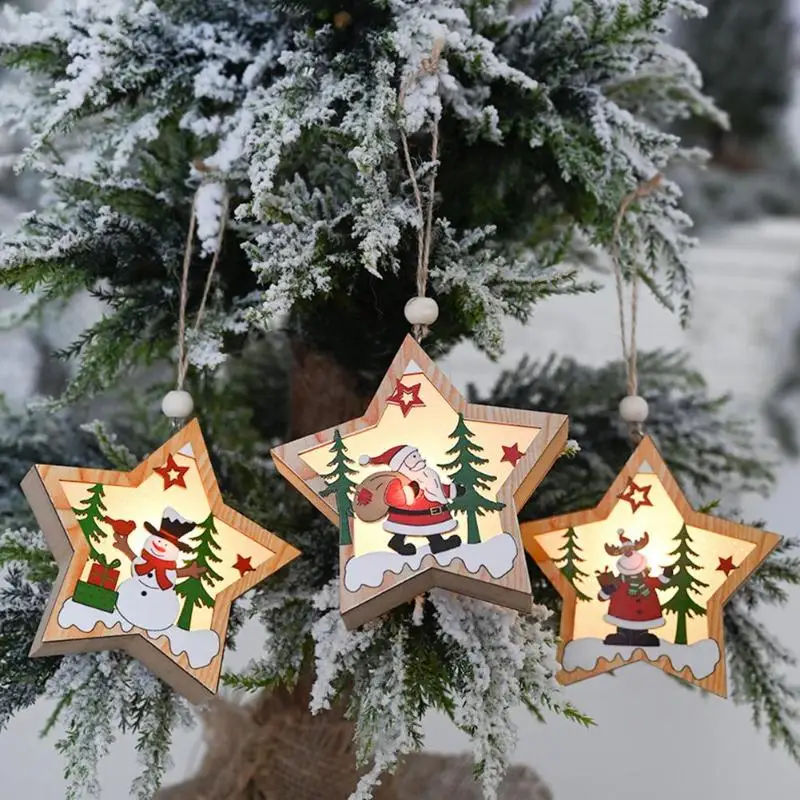 Wooden Christmas Pentagon Pendant Tree Star LED Fairy Lights Ornament Craft Decoration for Home Party Lamp | Дом и сад