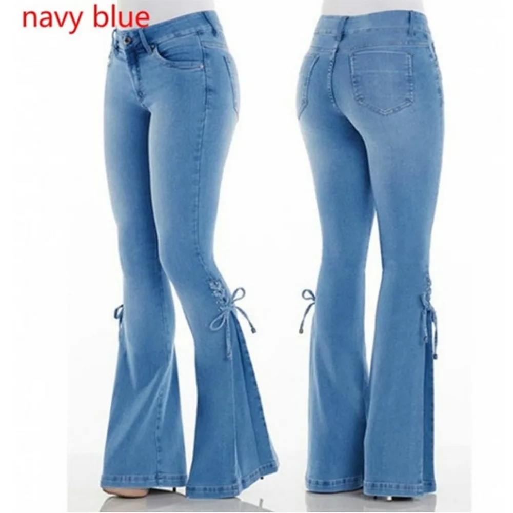

Women's Casual Fashion Solid Color New Jeans Flared Jeans In The Waist Elastic micro-horns Bow Jeans