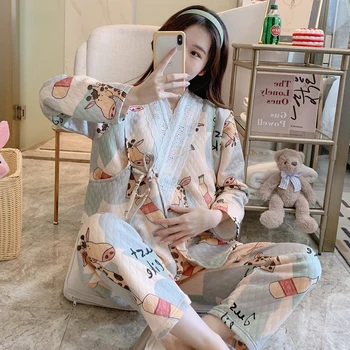 

CAIYIER Winter Kimono Women Pajamas Set Cotton Grid Flower Sleepwear Japan Loose V-Neck Nightwear Lace Colorful Loungwear M-3XL