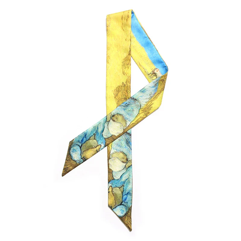 Искусство Ван Гог пшеничное поле Звездная картина маслом стройная узкая лента Дамская завязанная сумка ручка Шелковый шарф полотенце для волос