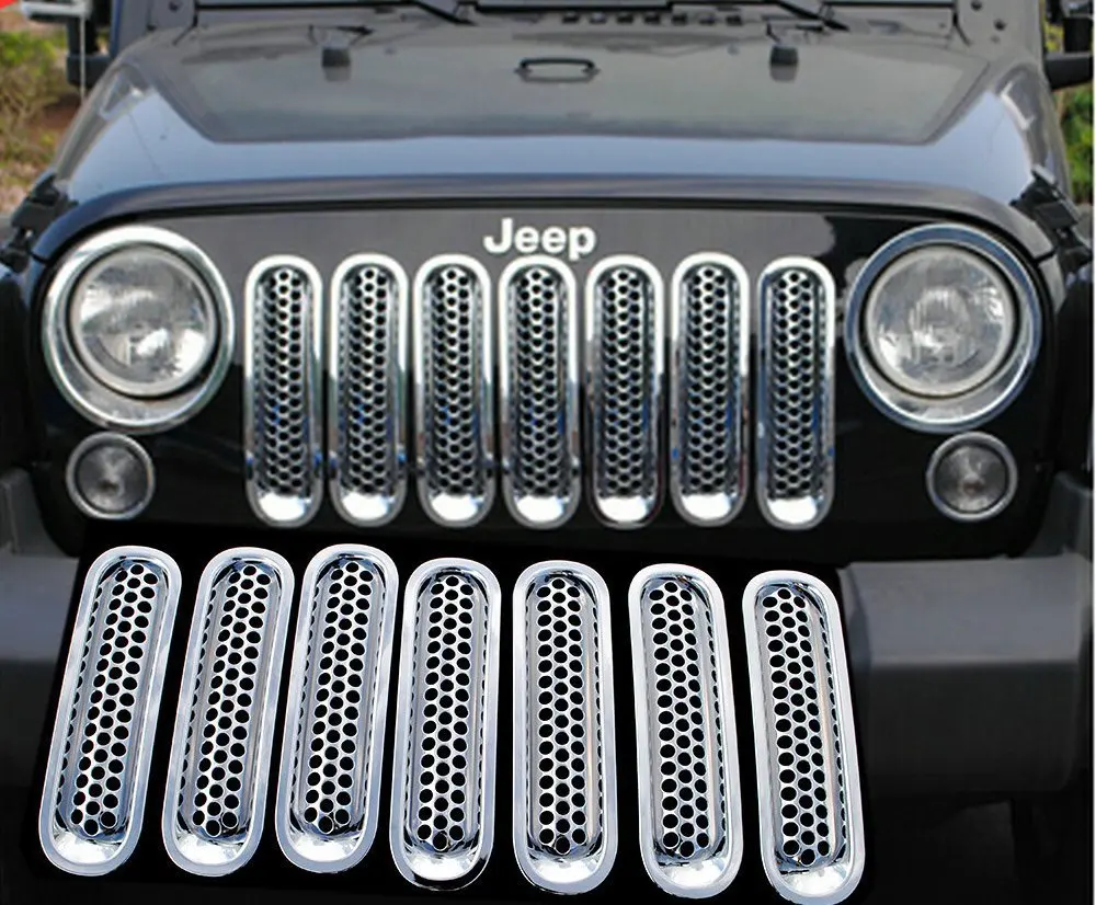 7PCS Black Silver ABS Mesh Front Grille Trim Cover Car Inserts Racing Grille For Bumper Jeep Wrangler JK 2007-2015