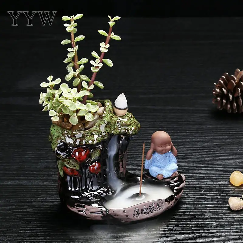 

Buddha Backflow Incense Burner Ceramic Little Monk Stick Waterfall Creative Incense Holder Censer With 10pcs Incense Cones