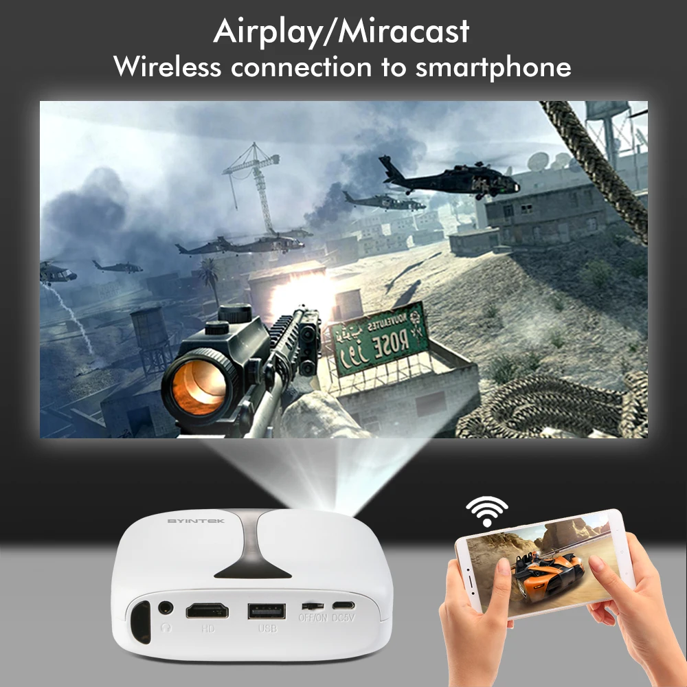 BYINTEK UFO R7 Самый дешевый 3D проектор DLP Мобильный Wi Fi карманный HD портативный мини