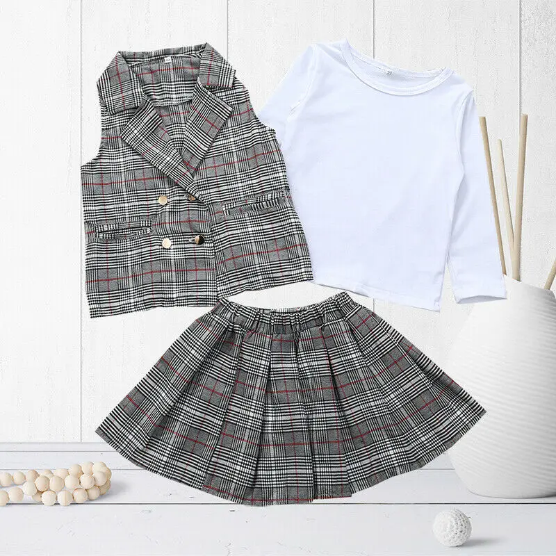 Fashion Toddler Girl Kid Party Suit Sleeveless Plaid Vest Coat+A Line Skirt+Long Sleeved T shirt Tops Formal 3PCS outfits Set