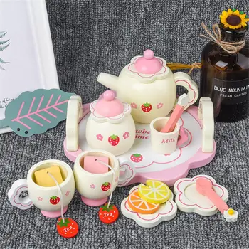 

Girls Toys Simulate Wooden Kitchen Toys Pink Tea Set Play House Educational Toy Tools Baby Early Education Puzzle Tableware Gift
