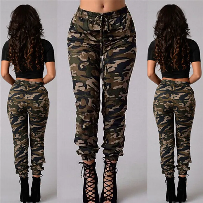 Günstige 2019 mode Stretch Military Camouflage hose frauen Armee hohe taille lose Camo Hosen Casual Hosen Straße Jogger jogginghose