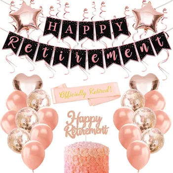 

Retirement Party Decorations for Women Rose Gold Banner Cake Topper Sash Rose Gold Confetti Balloons Foil Swirls Decorations