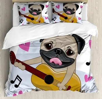 

Pug Duvet Cover Set Pug Dog Playing Guitar Singing with Cute Pink Hearts Funny Animal Cartoon Bedding Set Pale Brown Pink Black