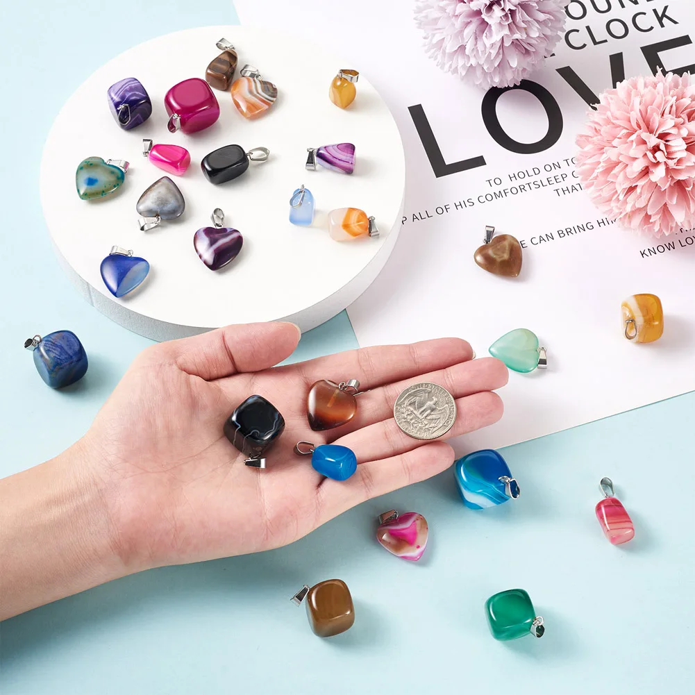 26Pcs Cube/Cuboid/Heart Shape Dyed Natural Striped Stone Pendants Charms with Stainless Steel Snap On Bails For Necklace Jewelry