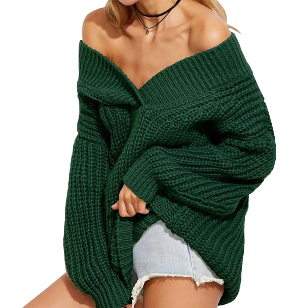 LASPERAL зимний теплый вязаный свитер с v-образным вырезом джемпер женский толстый пуловер с длинным рукавом Pull Femme сексуальный черный свитер с открытыми плечами - Цвет: Green