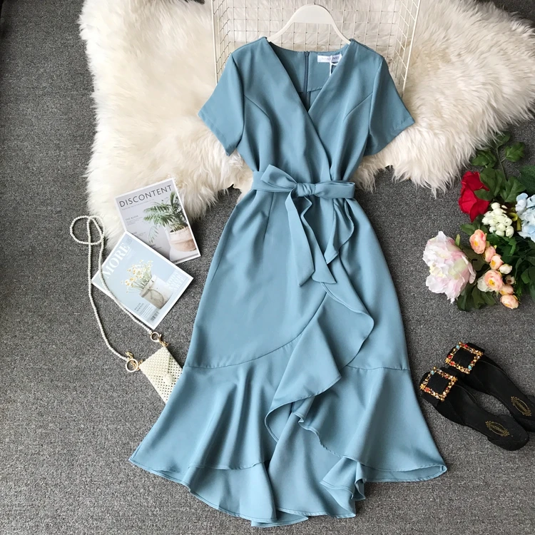 

2019 Women Summer Ruffles Dress Elegant Office Lady V-neck Short Sleeve Asymmetrical Vestidos with Sashes