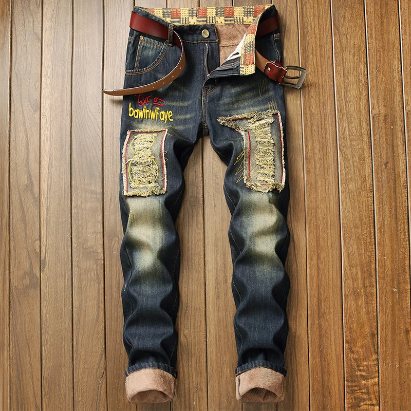 Мужские зимние теплые рваные джинсы, брюки на флисовой подкладке, рваные джинсовые брюки, плотные теплые потертые джинсы в стиле пэчворк, Dorpshipping - Цвет: 814