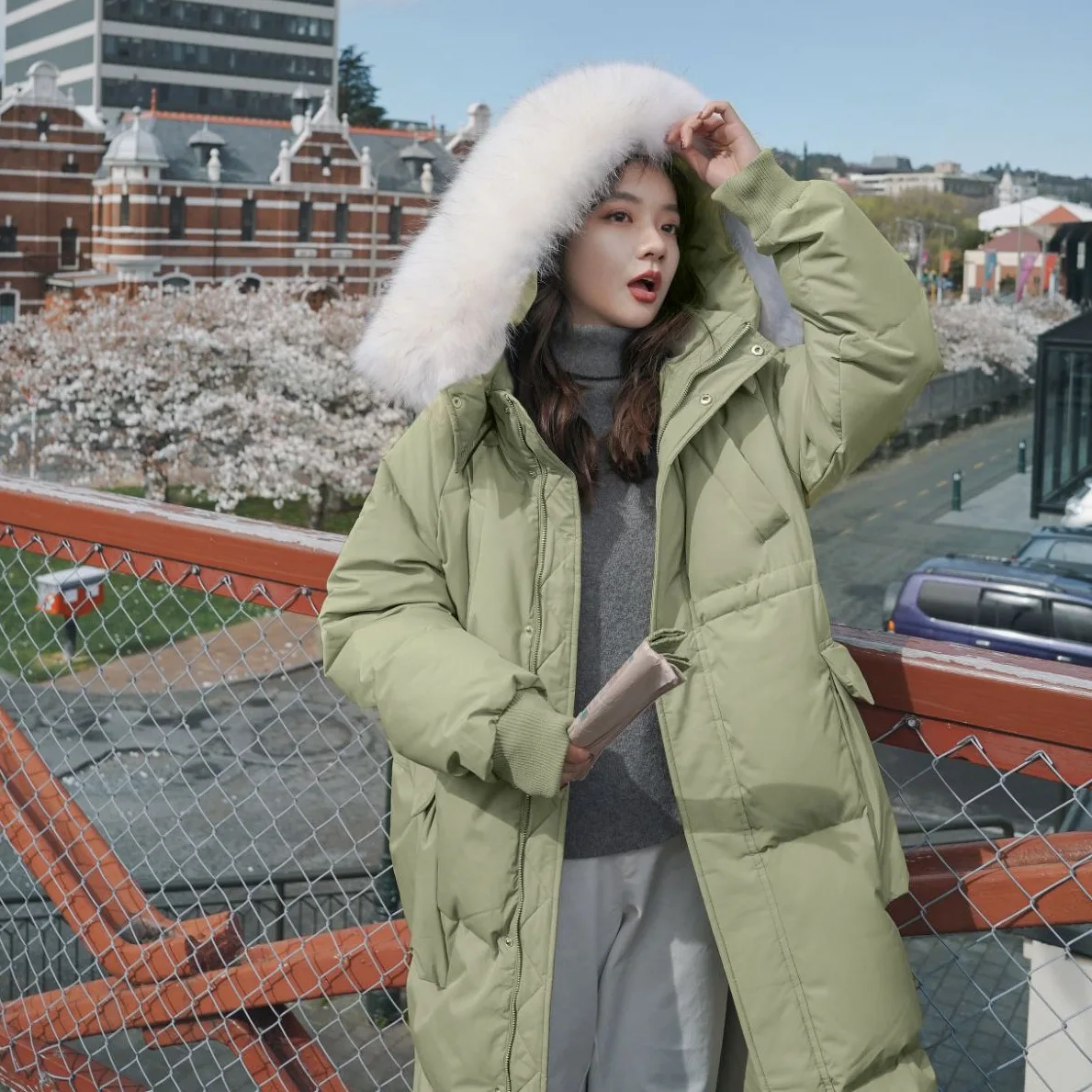 

Photo Shoot CHIC College Style Light Green over-the-Knee Long Hooded Large Fur Collar down Coat Single Breasted Cotton Overcoat