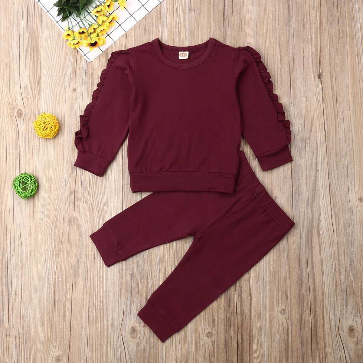 

Pudcoco Newborn Baby Girl Clothes Solid Color Long Sleeve Ruffle Tops Long Pants 2Pcs Outfits Clothes