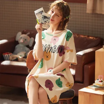 

Women's comfortable night skirt cotton O-neck summer cartoon cute night skirt girl home service large size night skirt M-2XL