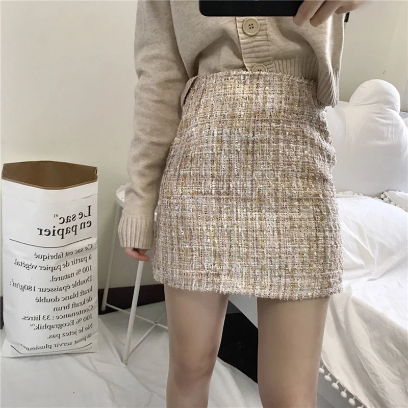 apricot Абрикосовые зимние твидовые юбки, женские винтажные осенние мини юбки-карандаш, шерстяная Корейская облегающая клетчатая юбка с высокой талией, Женская облегающая юбка V924 - Цвет: apricot