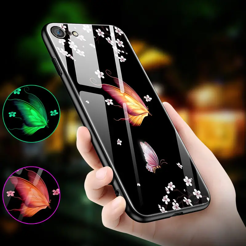 

Luminous Tempered Glass Case For iPhone 6 6S 7 8 Plus Case Glass Back Cover Case For iPhone X XR XS XS Max Case Cover Bag Shell