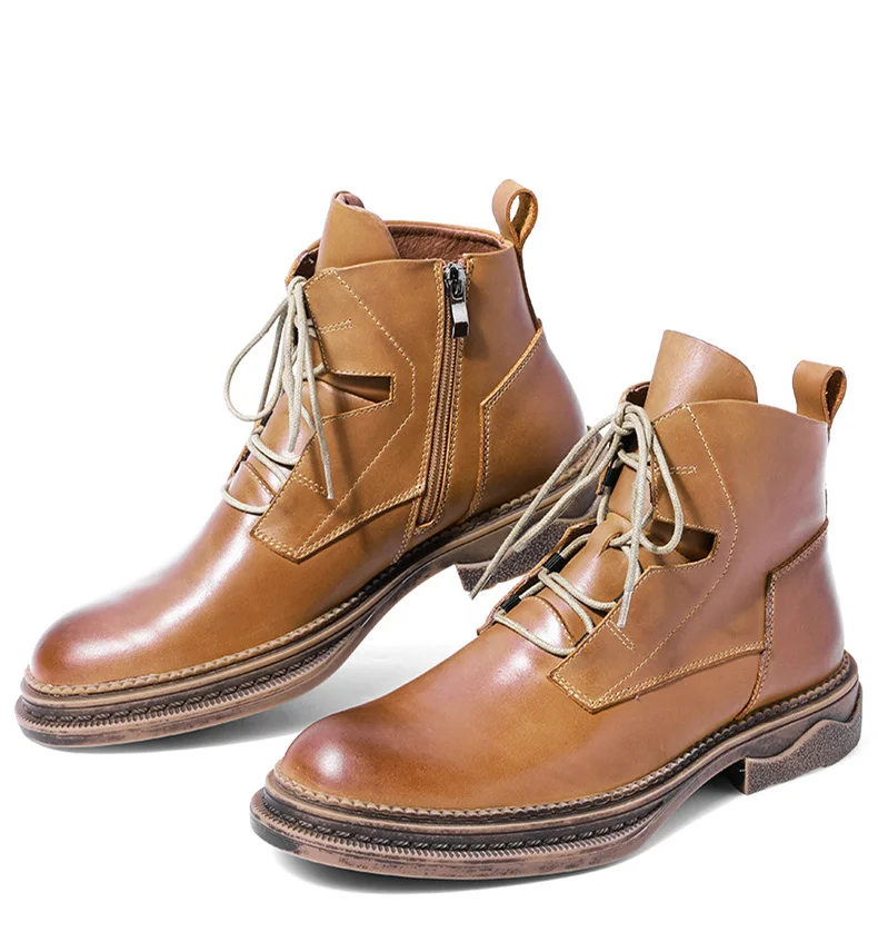 Eur Size 38-43 Retro Boots Men Full Grain Leather Lace Up Autumn Ankle Boots Man Trendy Thick Heel Winter Casual Shoes Soft