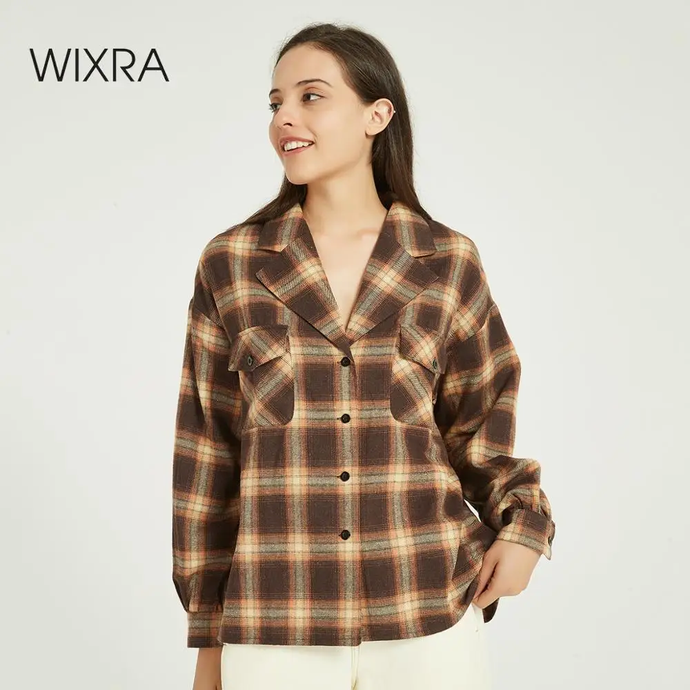 Женская клетчатая блузка Wixra Повседневная Свободная с длинным рукавом и отложным