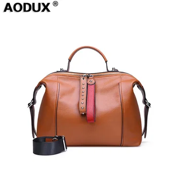 

AODUX NEW Soft Calfskin Genuine Leather Top-Handle Women's Girls Female Handbags Ladies Tote Messenger Long Strap Shoulder Bag