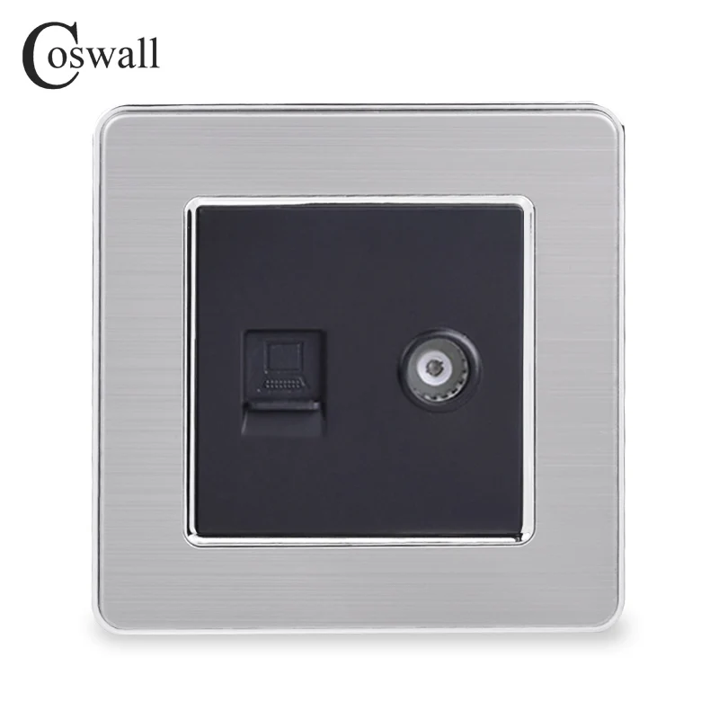 Black COSWALL RJ45 Интернет данных компьютерный разъем CAT5E разъем с женский ТВ выход нержавеющая сталь матовая панель настенная розетка - Тип: Black
