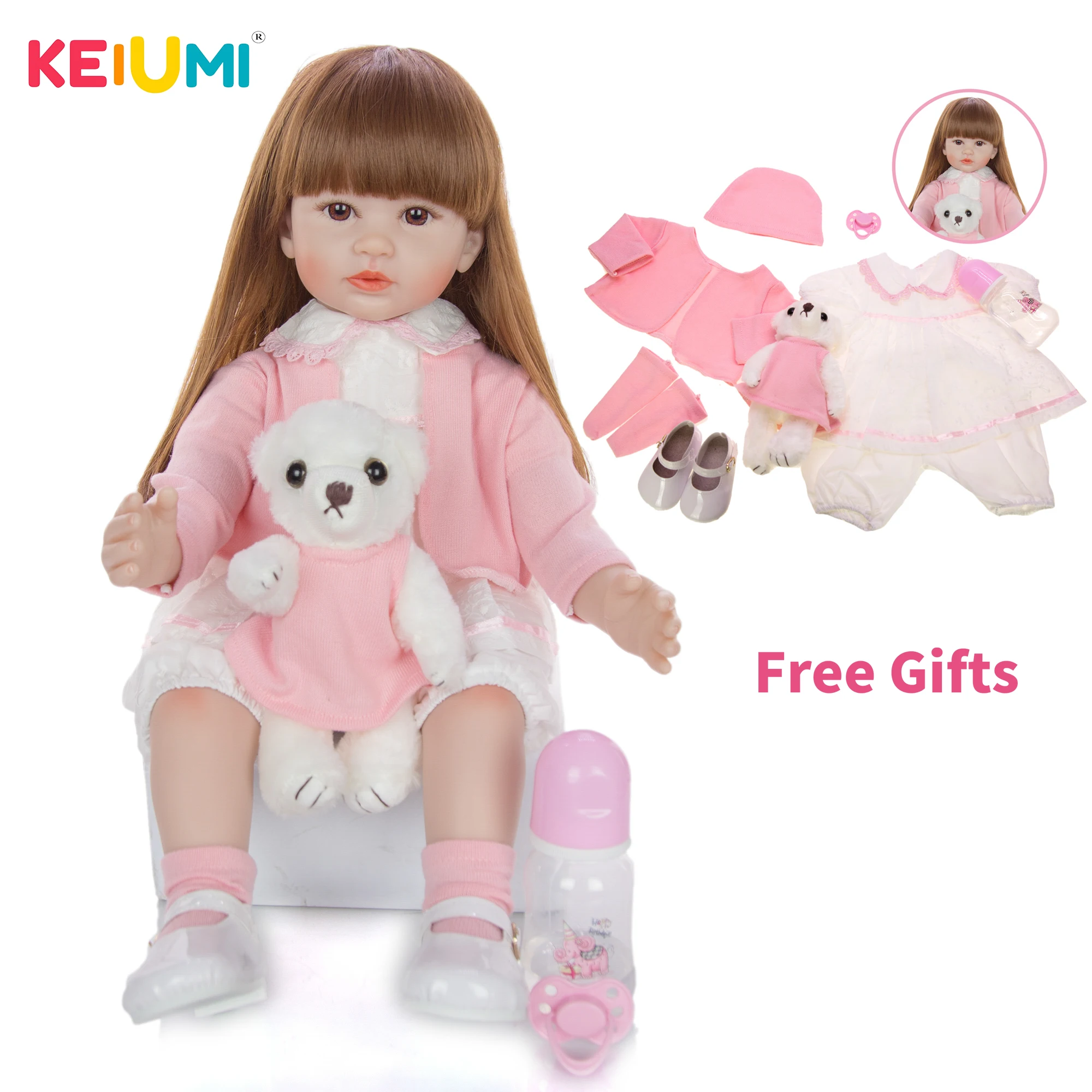 KEIUMI Reborn Baby силиконовая кукла, мягкое тело, 24 дюйма, Кукла Reborn Baby 60 см, розовые длинные волосы Outifi для подарка на день рождения