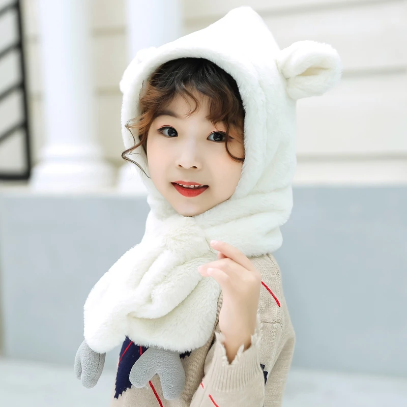Glaforny/Корейская версия детских одноцветные бейсболки для женщин, осенне-зимняя теплая детская шапка с рисунком, двухслойная утолщенная шапка, шарф - Цвет: white