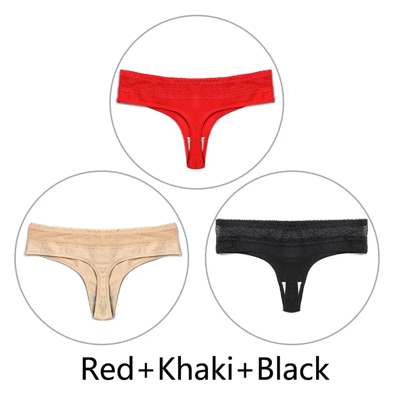 Red Khaki Black 3 шт./партия, стринги из чистого хлопка, женское нижнее белье, сексуальные кружевные трусики, стринги, нижнее белье ажурные дышащие трусики M-3XL, большие размеры - Цвет: Red Khaki Black