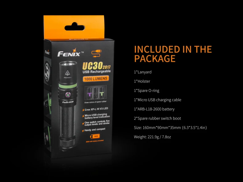 Fenix UC30 Cree XP-L HI V3 светодиодный фонарик 1000 люмен Micro-USB для кемпинга