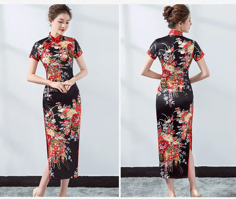 Sheng Coco леди синий шелк Cheongsam платья элегантный Шанхай Китай стильный с разрезом длинные Chipao XXXL