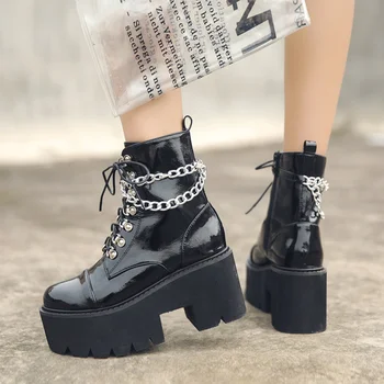 

Chunky Gothic Women's Punk Ankle Boots 2020 Women Platform Motorcycle Boots Woman Cool Chain Zipper Ladies Lace Up Female Shoes