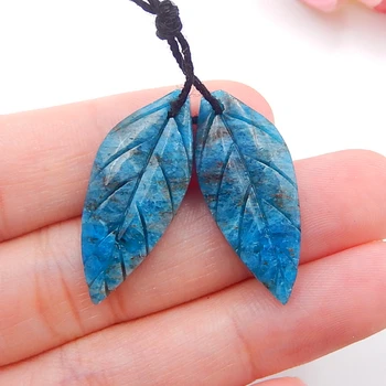 

New arrival Jewelry accessories, Birthday gift,Natural Blue Apatite Crystal Carved Leaf Earring Beads 28x12x4mm，4.9g