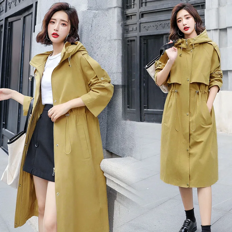 

Hooded Long Sleeve Solid Color Single-Breasted Elegant Slimming Versatile 2019 Autumn Mid-length Trench Coat