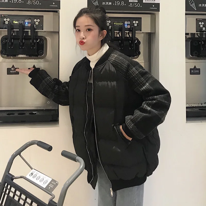 

Cotton Coat Women's 2019 New Style Winter Retro Plaid Stitching down Coat Loose-Fit Baseball Uniform Students Cotton Overcoat Fa