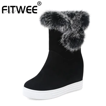 

FITWEE Women Fashion Winter Fur Mid Calf Boots Daily Thick Boots Outdoor High Heels Shoes Woman Casual Black Boots Size 34-44