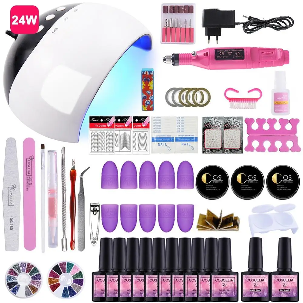 24W Nail Kit 24 Вт/36 Вт/54 Вт Светодиодная УФ-лампа для ногтей, маникюрный набор, акриловый набор для наращивания ногтей, 10 цветов, лак для ногтей, УФ-гель, все для маникюра - Цвет: 24W Nail Kit