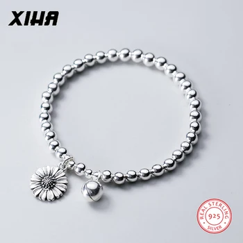

XIHA 925 Sterling Silver Daisy Flower Beaded Charm Bracelets for Women Antique Silver Fine Jewelery