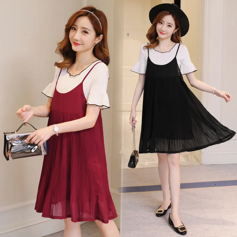 

2018 New Style Maternity Clothes Strapped Dress Base Shirt Two-Piece Set Pregnant Women Set Loose-Fit Pregnancy Tops Women's