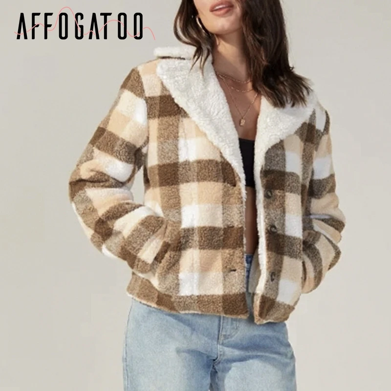 Affogatoo Casual warm plaid tedy faux fur coat women Autumn winter female short jackets Buttons pockets soft office ladies coats - Цвет: plaid