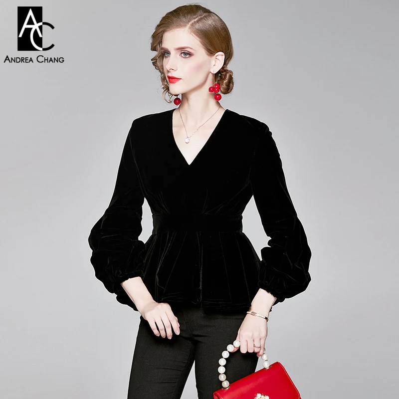 S-xxl осенне-зимняя женская блузка с рукавами-клеш с v-образным вырезом и оборками на талии черная бархатная блузка модный винтажный элегантный черный топ
