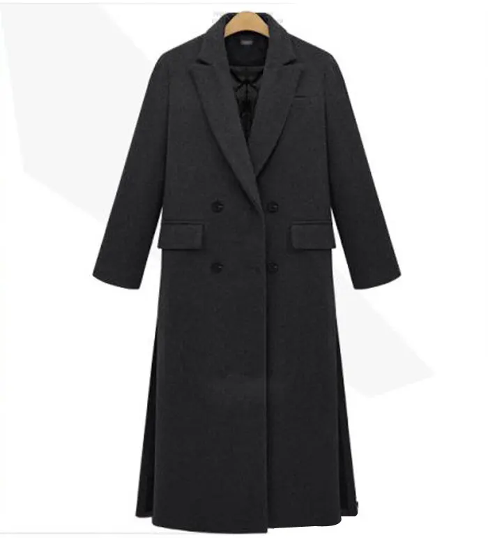 British New Spring / Winter Women Simple Grey White Woolen Cashmere Long Coat Maxi Female Overcoat Casacos Manteau Femme