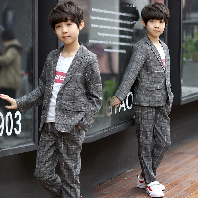 Деловой костюм в клетку в английском стиле для мальчиков, весенне-осенний детский комплект одежды с длинными рукавами, повседневная куртка для мальчиков+ штаны, 2 предмета, X62