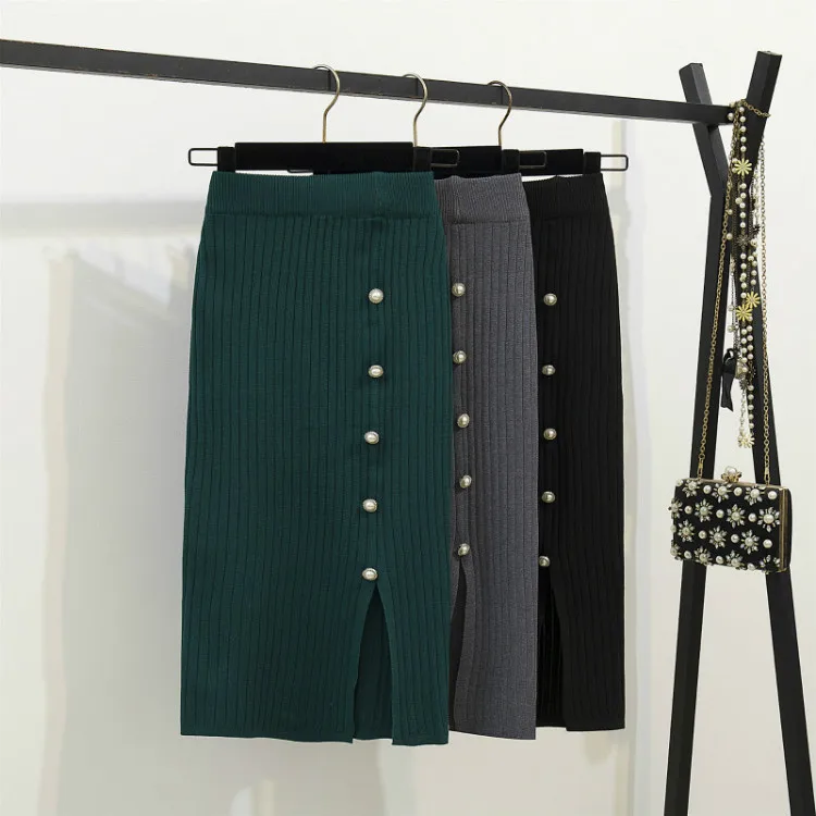 OLOME модная женская юбка осень зима посылка бедра Сплит юбка-карандаш до колена вязаная элегантная повседневная юбка