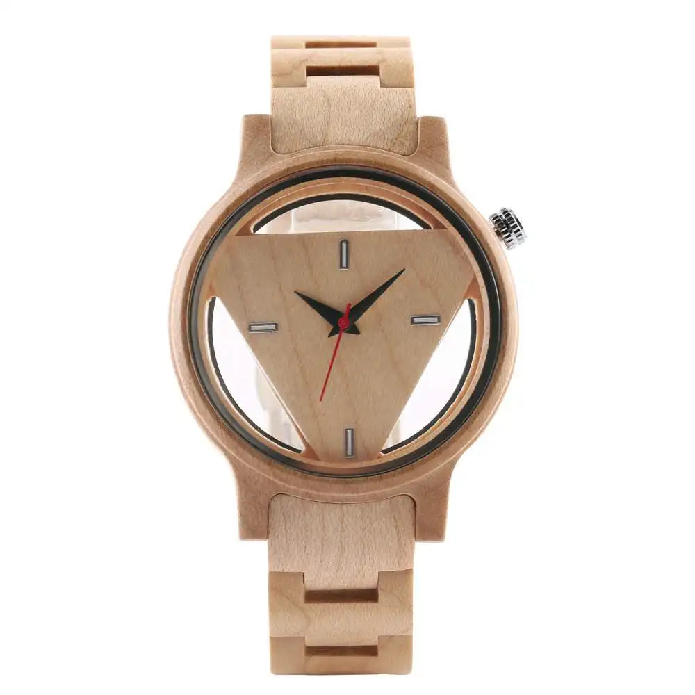 Unique Inverted Geometric Triangle Wood Watch Men Women Creative Hollow Dial Full Wooden Quartz Wristwatch Reloj 4