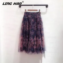 LINGHAN, двухслойная сетчатая пряжа, юбка с принтом бабочки, Высококачественная элегантная женская юбка, Ранняя весна, пряжа, шелковая подкладка