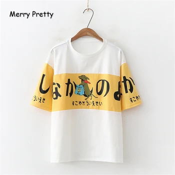 

Merry Pretty Cotton Women's Cartoon Print Patchwork T Shirts 2019 Short Sleeve O-Neck Lace Up T Shirt For Femme Sweet T Shirt